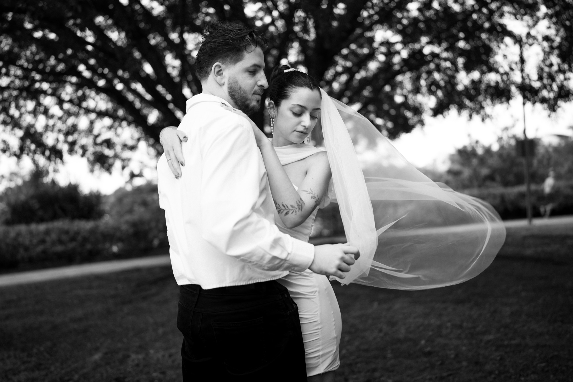 Story, couple under tree, veil flowing